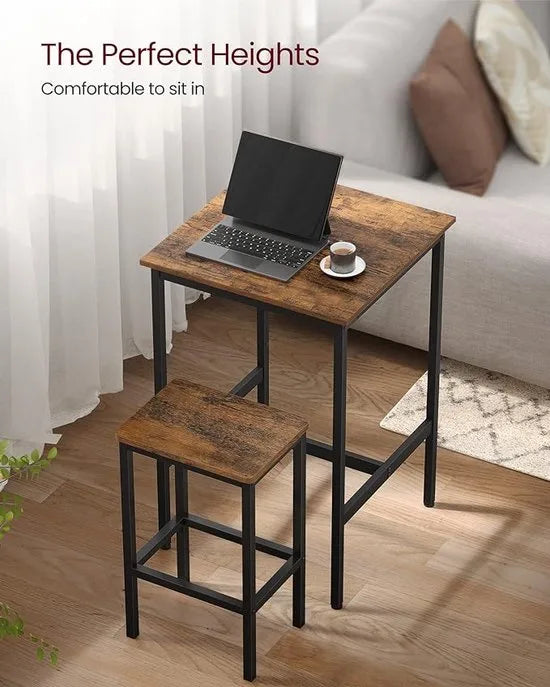 FurnStar bartafel inclusief 2 krukken - bartafel set - bartafel met barstoelen - Hout - Bruin - 60x60x90cm