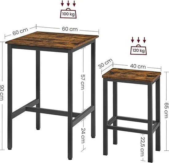 FurnStar bartafel inclusief 2 krukken - bartafel set - bartafel met barstoelen - Hout - Bruin - 60x60x90cm