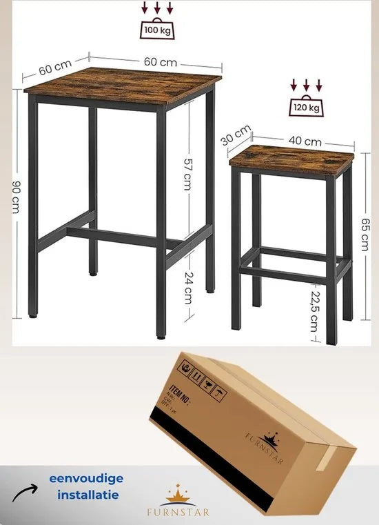 FurnStar bartafel inclusief 2 krukken - bartafel set - bartafel met barstoelen - Hout - Bruin - 60x60x90cm