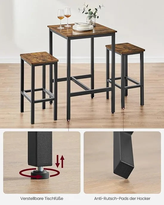 FurnStar bartafel inclusief 2 krukken - bartafel set - bartafel met barstoelen - Hout - Bruin - 60x60x90cm