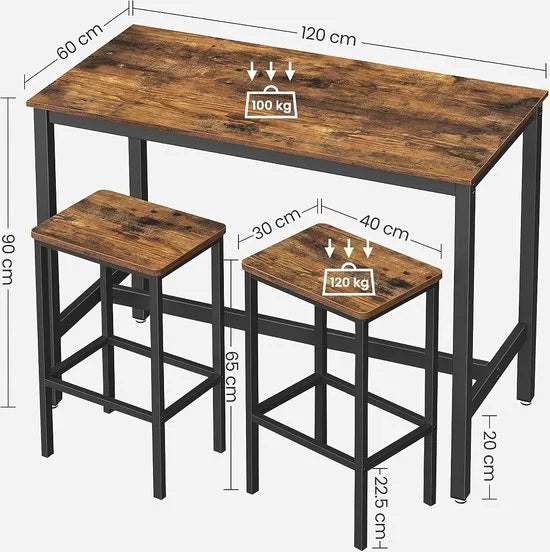 FurnStar - Bartafel Set met 2 Barkrukken – Eettafel Set – Industrieel Design – 120x60x90cm / 40x30x65cm- Rustiek Bruin
