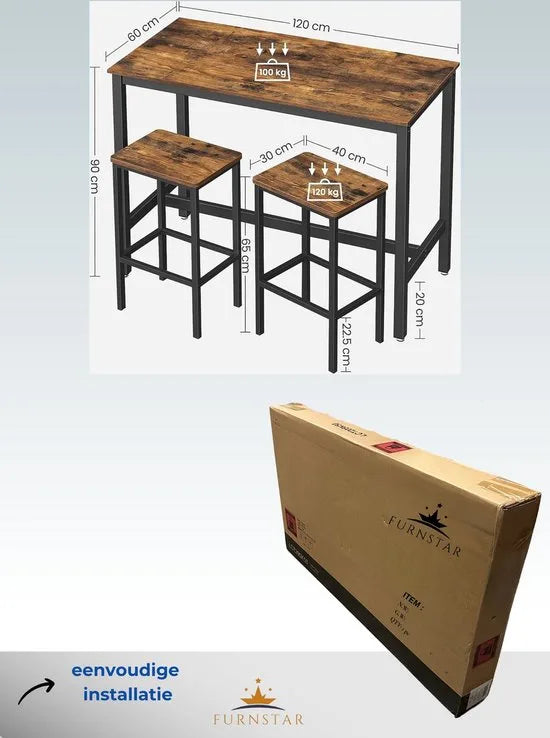 FurnStar - Bartafel Set met 2 Barkrukken – Eettafel Set – Industrieel Design – 120x60x90cm / 40x30x65cm- Rustiek Bruin