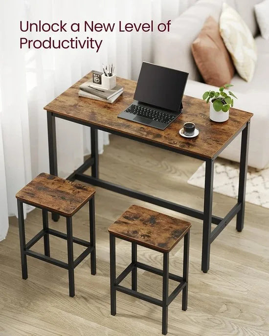 FurnStar - Bartafel Set met 2 Barkrukken – Eettafel Set – Industrieel Design – 120x60x90cm / 40x30x65cm- Rustiek Bruin
