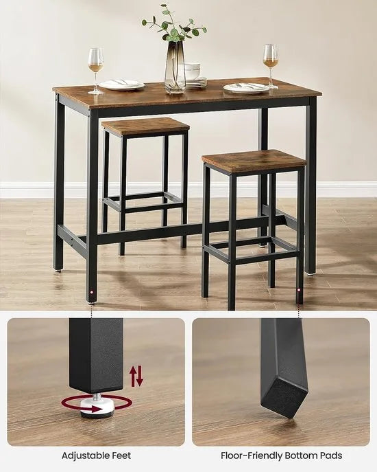 FurnStar - Bartafel Set met 2 Barkrukken – Eettafel Set – Industrieel Design – 120x60x90cm / 40x30x65cm- Rustiek Bruin