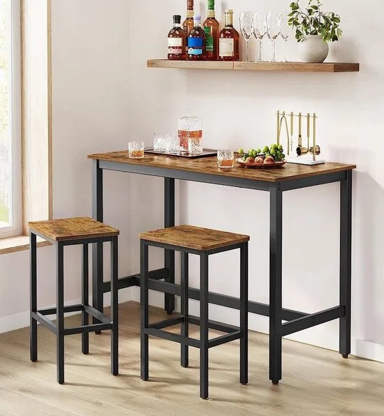 FurnStar - Bartafel Set met 2 Barkrukken – Eettafel Set – Industrieel Design – 120x60x90cm / 40x30x65cm- Rustiek Bruin