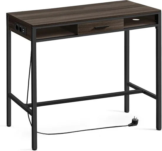FurnStar - Bartafel - Statafel met Laadstation en Flexibele Lade van Vliesstof - Haken - 40 x 120 x 104,6 cm - Voor Kantoor - Slaapkamer - Bar - Woonkamer - Asbruin