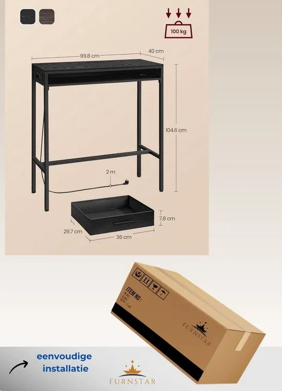 FurnStar - Bartafel - Statafel met Laadstation en Flexibele Lade van Vliesstof - Haken - 40 x 99,8 x 104,6 cm - Ebbenhoutzwart