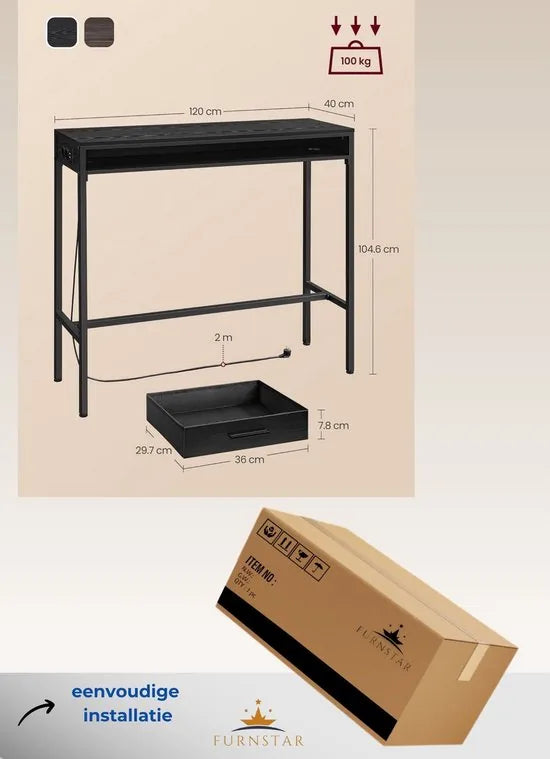FurnStar - Bartafel - Statafel met Laadstation en Flexibele Lade van Vliesstof - Haken - 40 x 120 x 104,6 cm - Voor Kantoor - Slaapkamer - Bar - Woonkamer - Ebbenhoutzwart