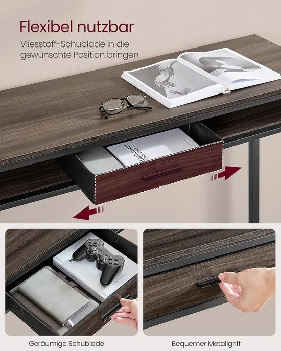 FurnStar - Bartafel - Statafel met Laadstation en Flexibele Lade van Vliesstof - Haken - 40 x 120 x 104,6 cm - Voor Kantoor - Slaapkamer - Bar - Woonkamer - Asbruin