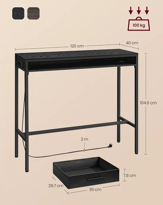 FurnStar - Bartafel - Statafel met Laadstation en Flexibele Lade van Vliesstof - Haken - 40 x 120 x 104,6 cm - Voor Kantoor - Slaapkamer - Bar - Woonkamer - Asbruin – Ebbenhoutzwart