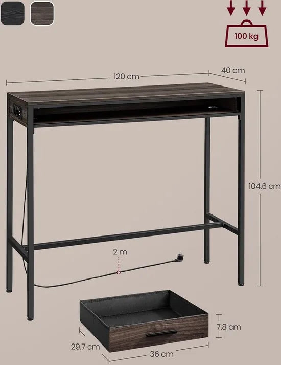FurnStar - Bartafel - Statafel met Laadstation en Flexibele Lade van Vliesstof - Haken - 40 x 120 x 104,6 cm - Voor Kantoor - Slaapkamer - Bar - Woonkamer - Asbruin