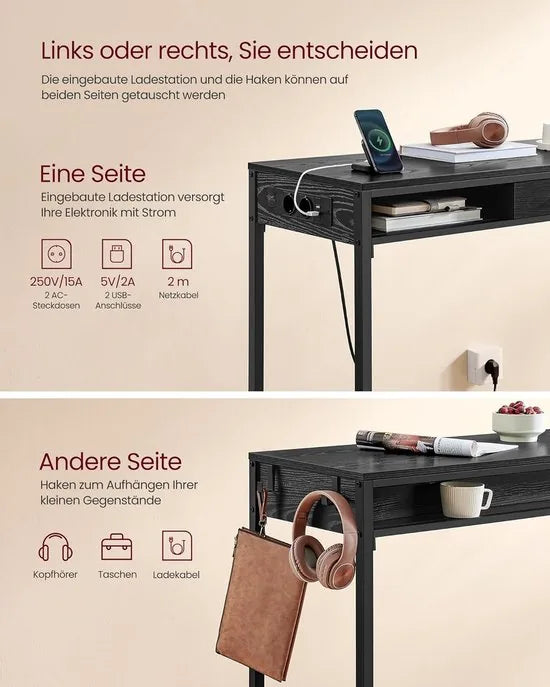 FurnStar - Bartafel - Statafel met Laadstation en Flexibele Lade van Vliesstof - Haken - 40 x 120 x 104,6 cm - Voor Kantoor - Slaapkamer - Bar - Woonkamer - Ebbenhoutzwart