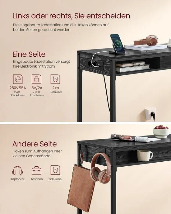 FurnStar - Bartafel - Statafel met Laadstation en Flexibele Lade van Vliesstof - Haken - 40 x 99,8 x 104,6 cm - Ebbenhoutzwart