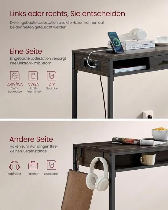 FurnStar - Bartafel - Statafel met Laadstation en Flexibele Lade van Vliesstof - Haken - 40 x 99,8 x 104,6 cm - Asbruin