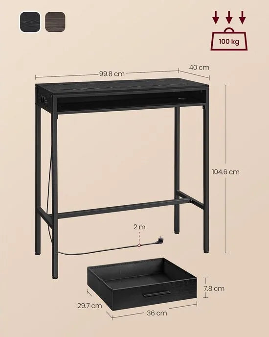 FurnStar - Bartafel - Statafel met Laadstation en Flexibele Lade van Vliesstof - Haken - 40 x 99,8 x 104,6 cm - Ebbenhoutzwart