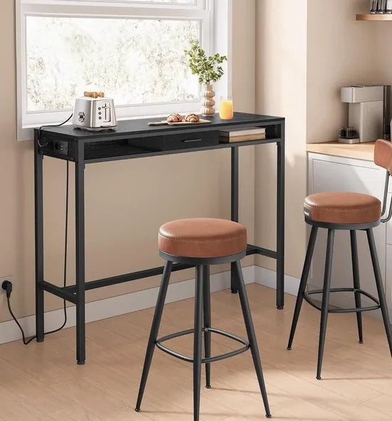 FurnStar - Bartafel - Statafel met Laadstation en Flexibele Lade van Vliesstof - Haken - 40 x 120 x 104,6 cm - Voor Kantoor - Slaapkamer - Bar - Woonkamer - Ebbenhoutzwart