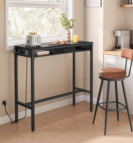 FurnStar - Bartafel - Statafel met Laadstation en Flexibele Lade van Vliesstof - Haken - 40 x 99,8 x 104,6 cm - Ebbenhoutzwart