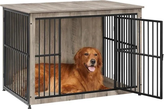FurnStar - Bench - Hondenbench - Hondenkooi - Meubel - Bijzettafel, Hondenbox - Modern Hondenhok voor Binnen voor Honden tot 32 kg - Zeer Belastbaar - Gesloten Bodem - Hondenhuis - 2 Deuren - 98 x 65  – Grijs gemeleerd 110 x 76 x 82cm Modern Hondenhok voor Binnen v (8551)