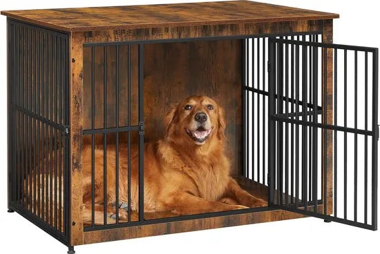 FurnStar - Bench - Hondenbench - Hondenkooi - Meubel - Bijzettafel, Hondenbox - Modern Hondenhok voor Binnen voor Honden tot 32 kg - Zeer Belastbaar - Gesloten Bodem - Hondenhuis - 2 Deuren - 98 x 65  – Vintage bruin 110 x 76 x 82cm Modern Hondenhok voor Binnen v (8964)