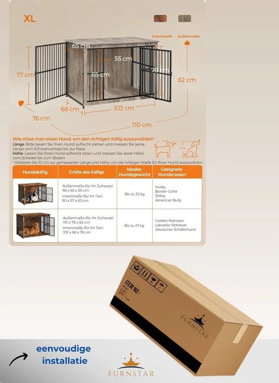 FurnStar - Bench - Hondenbench - Hondenkooi - Meubel - Bijzettafel, Hondenbox - Modern Hondenhok voor Binnen voor Honden tot 32 kg - Zeer Belastbaar - Gesloten Bodem - Hondenhuis - 2 Deuren - 98 x 65  – Grijs gemeleerd 110 x 76 x 82cm Modern Hondenhok voor Binnen v (8551)