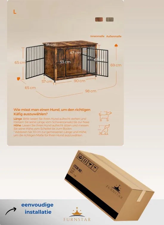 FurnStar - Bench - Hondenbench - Hondenkooi - Meubel - Bijzettafel, Hondenbox - Modern Hondenhok voor Binnen voor Honden tot 32 kg - Zeer Belastbaar - Gesloten Bodem - Hondenhuis - 2 Deuren - 98 x 65 x 69 cm - Vintage Bruin