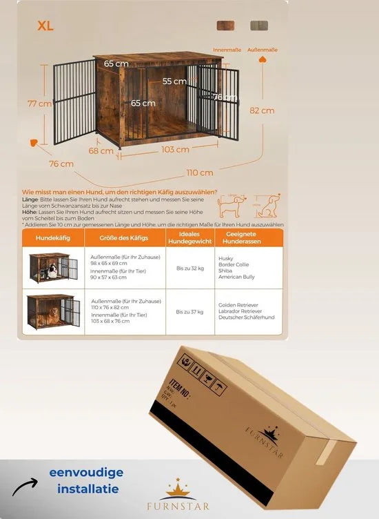 FurnStar - Bench - Hondenbench - Hondenkooi - Meubel - Bijzettafel, Hondenbox - Modern Hondenhok voor Binnen voor Honden tot 32 kg - Zeer Belastbaar - Gesloten Bodem - Hondenhuis - 2 Deuren - 98 x 65  – Vintage bruin 110 x 76 x 82cm Modern Hondenhok voor Binnen v (8964)