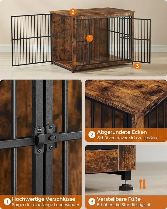FurnStar - Bench - Hondenbench - Hondenkooi - Meubel - Bijzettafel, Hondenbox - Modern Hondenhok voor Binnen voor Honden tot 32 kg - Zeer Belastbaar - Gesloten Bodem - Hondenhuis - 2 Deuren - 98 x 65  – Vintage bruin 110 x 76 x 82cm Modern Hondenhok voor Binnen v (7165)