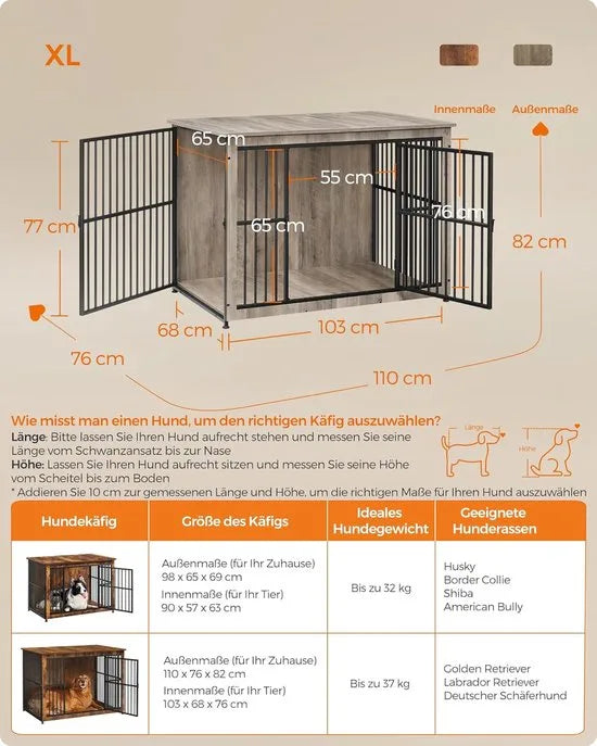 FurnStar - Bench - Hondenbench - Hondenkooi - Meubel - Bijzettafel, Hondenbox - Modern Hondenhok voor Binnen voor Honden tot 32 kg - Zeer Belastbaar - Gesloten Bodem - Hondenhuis - 2 Deuren - 98 x 65  – Grijs gemeleerd 110 x 76 x 82cm Modern Hondenhok voor Binnen v (8551)