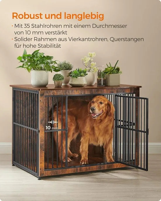 FurnStar - Bench - Hondenbench - Hondenkooi - Meubel - Bijzettafel, Hondenbox - Modern Hondenhok voor Binnen voor Honden tot 32 kg - Zeer Belastbaar - Gesloten Bodem - Hondenhuis - 2 Deuren - 98 x 65  – Vintage bruin 110 x 76 x 82cm Modern Hondenhok voor Binnen v (8964)