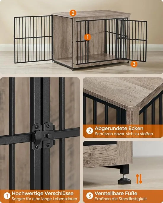 FurnStar - Bench - Hondenbench - Hondenkooi - Meubel - Bijzettafel, Hondenbox - Modern Hondenhok voor Binnen voor Honden tot 32 kg - Zeer Belastbaar - Gesloten Bodem - Hondenhuis - 2 Deuren - 98 x 65  – Grijs gemeleerd 110 x 76 x 82cm Modern Hondenhok voor Binnen v (8551)