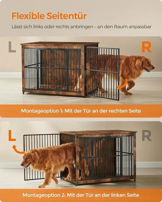 FurnStar - Bench - Hondenbench - Hondenkooi - Meubel - Bijzettafel, Hondenbox - Modern Hondenhok voor Binnen voor Honden tot 32 kg - Zeer Belastbaar - Gesloten Bodem - Hondenhuis - 2 Deuren - 98 x 65  – Vintage bruin 110 x 76 x 82cm Modern Hondenhok voor Binnen v (8964)