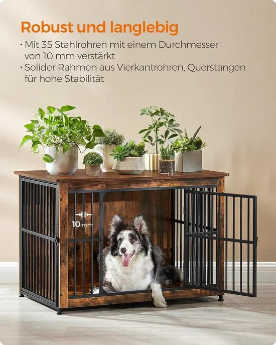FurnStar - Bench - Hondenbench - Hondenkooi - Meubel - Bijzettafel, Hondenbox - Modern Hondenhok voor Binnen voor Honden tot 32 kg - Zeer Belastbaar - Gesloten Bodem - Hondenhuis - 2 Deuren - 98 x 65 x 69 cm - Vintage Bruin