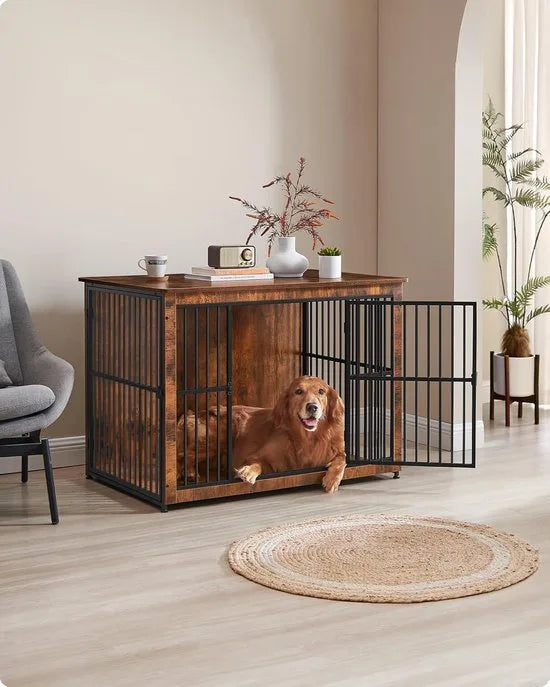 FurnStar - Bench - Hondenbench - Hondenkooi - Meubel - Bijzettafel, Hondenbox - Modern Hondenhok voor Binnen voor Honden tot 32 kg - Zeer Belastbaar - Gesloten Bodem - Hondenhuis - 2 Deuren - 98 x 65  – Vintage bruin 110 x 76 x 82cm Modern Hondenhok voor Binnen v (7165)