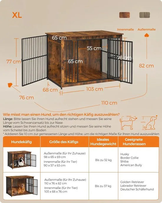 FurnStar - Bench - Hondenbench - Hondenkooi - Meubel - Bijzettafel, Hondenbox - Modern Hondenhok voor Binnen voor Honden tot 32 kg - Zeer Belastbaar - Gesloten Bodem - Hondenhuis - 2 Deuren - 98 x 65  – Vintage bruin 110 x 76 x 82cm Modern Hondenhok voor Binnen v (8964)