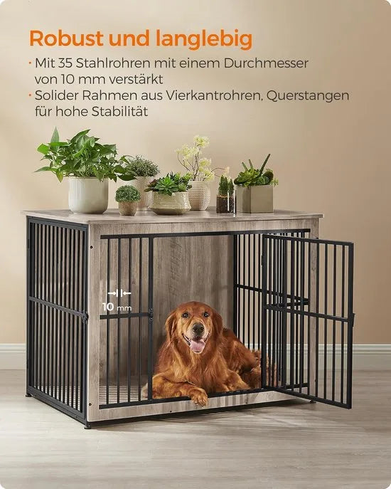 FurnStar - Bench - Hondenbench - Hondenkooi - Meubel - Bijzettafel, Hondenbox - Modern Hondenhok voor Binnen voor Honden tot 32 kg - Zeer Belastbaar - Gesloten Bodem - Hondenhuis - 2 Deuren - 98 x 65  – Grijs gemeleerd 110 x 76 x 82cm Modern Hondenhok voor Binnen v (8551)