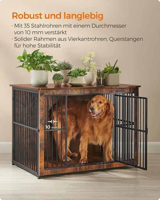 FurnStar - Bench - Hondenbench - Hondenkooi - Meubel - Bijzettafel, Hondenbox - Modern Hondenhok voor Binnen voor Honden tot 32 kg - Zeer Belastbaar - Gesloten Bodem - Hondenhuis - 2 Deuren - 98 x 65  – Vintage bruin 110 x 76 x 82cm Modern Hondenhok voor Binnen v (7165)