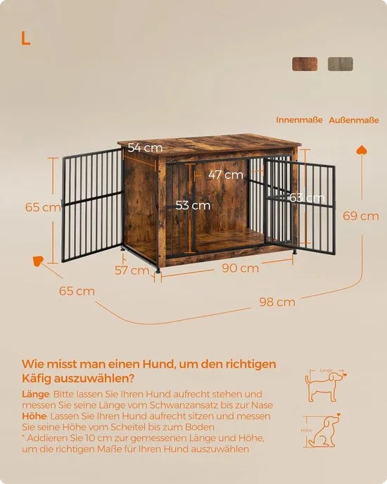 FurnStar - Bench - Hondenbench - Hondenkooi - Meubel - Bijzettafel, Hondenbox - Modern Hondenhok voor Binnen voor Honden tot 32 kg - Zeer Belastbaar - Gesloten Bodem - Hondenhuis - 2 Deuren - 98 x 65 x 69 cm - Vintage Bruin