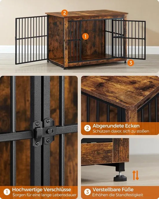 FurnStar - Bench - Hondenbench - Hondenkooi - Meubel - Bijzettafel, Hondenbox - Modern Hondenhok voor Binnen voor Honden tot 32 kg - Zeer Belastbaar - Gesloten Bodem - Hondenhuis - 2 Deuren - 98 x 65 x 69 cm - Vintage Bruin