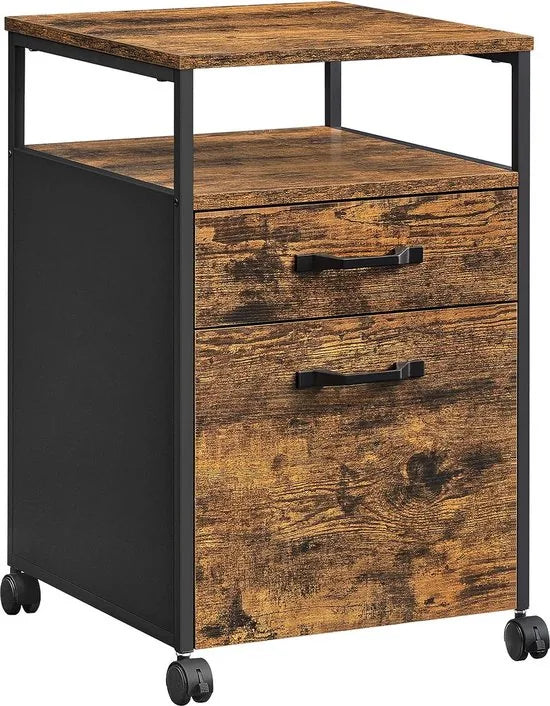FurnStar - Bestekkast Met 2 Laden - Mobiele Kantoorkast - Verrijdbare Onderkast - Open Vakken - Hangmappenhouder - Stevig Stalen Frame - Industrieel Design - 42x44x66,5 cm - Vintage Bruin-Zwart
