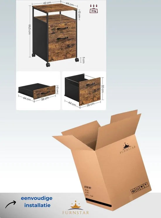 FurnStar - Bestekkast Met 2 Laden - Mobiele Kantoorkast - Verrijdbare Onderkast - Open Vakken - Hangmappenhouder - Stevig Stalen Frame - Industrieel Design - 42x44x66,5 cm - Vintage Bruin-Zwart