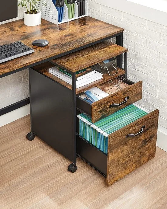 FurnStar - Bestekkast Met 2 Laden - Mobiele Kantoorkast - Verrijdbare Onderkast - Open Vakken - Hangmappenhouder - Stevig Stalen Frame - Industrieel Design - 42x44x66,5 cm - Vintage Bruin-Zwart