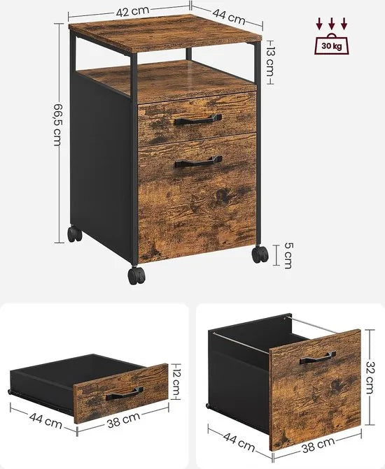 FurnStar - Bestekkast Met 2 Laden - Mobiele Kantoorkast - Verrijdbare Onderkast - Open Vakken - Hangmappenhouder - Stevig Stalen Frame - Industrieel Design - 42x44x66,5 cm - Vintage Bruin-Zwart