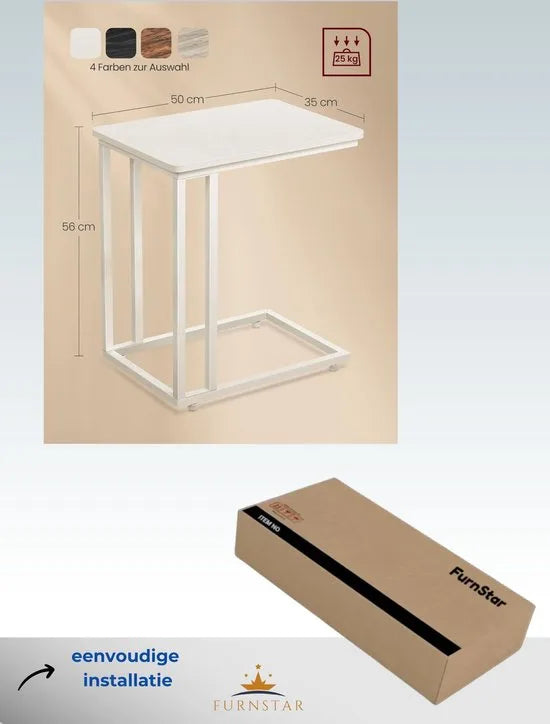 FurnStar - Bijzettafel - Banktafel met Wieltjes - C-Vorm - Mobiele Koffietafel - 35 x 50 x 60 cm - Woonkamertafel met Metalen Frame - Voor Koffie en Laptop - Industrieel Design - Crème-Wit