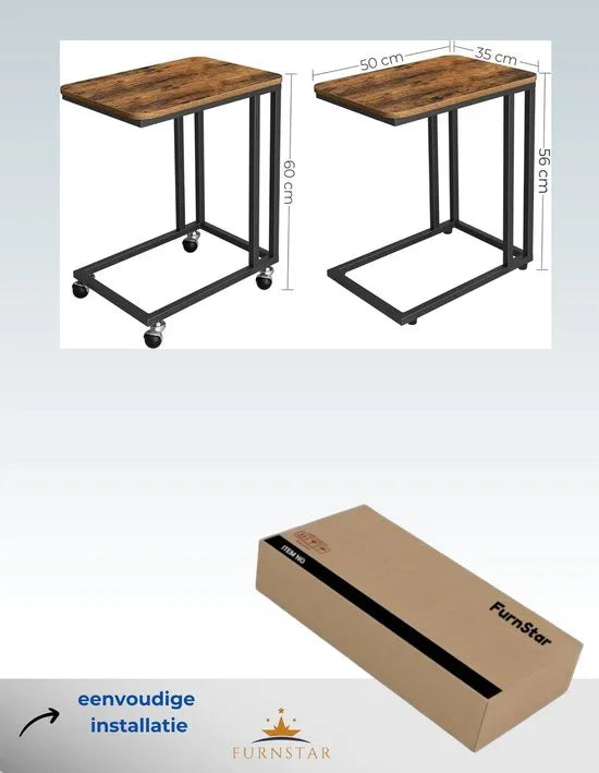 FurnStar - Bijzettafel - Banktafel met Wieltjes - C-Vorm - Mobiele Koffietafel - 35 x 50 x 60 cm - Woonkamertafel met Metalen Frame - Voor Koffie en Laptop - Industrieel Design - Vintage