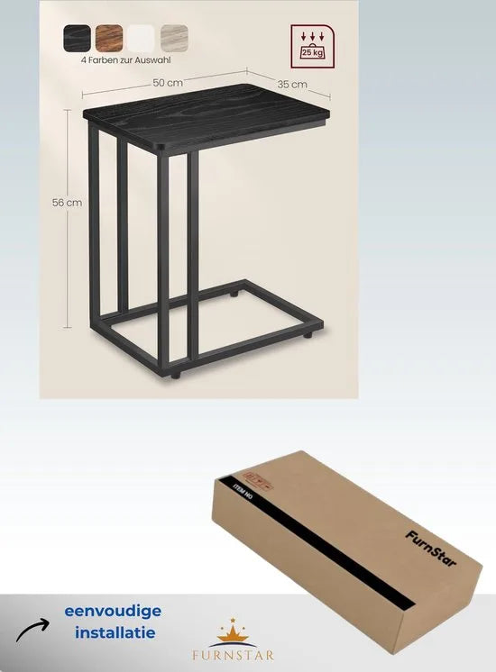 FurnStar - Bijzettafel - Banktafel met Wieltjes - C-Vorm - Mobiele Koffietafel - 35 x 50 x 60 cm - Woonkamertafel met Metalen Frame - Voor Koffie en Laptop - Modern - Ebbenzwart