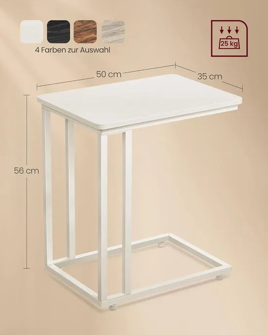 FurnStar - Bijzettafel - Banktafel met Wieltjes - C-Vorm - Mobiele Koffietafel - 35 x 50 x 60 cm - Woonkamertafel met Metalen Frame - Voor Koffie en Laptop - Industrieel Design - Crème-Wit
