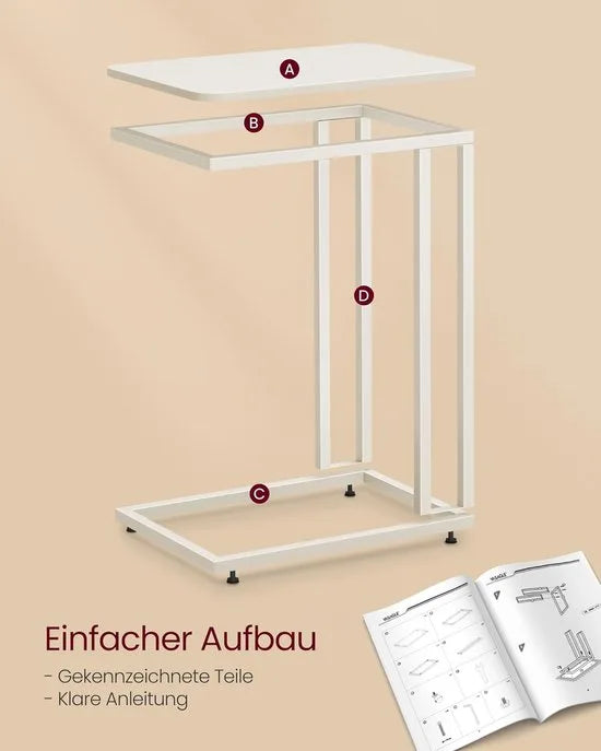 FurnStar - Bijzettafel - Banktafel met Wieltjes - C-Vorm - Mobiele Koffietafel - 35 x 50 x 60 cm - Woonkamertafel met Metalen Frame - Voor Koffie en Laptop - Industrieel Design - Crème-Wit