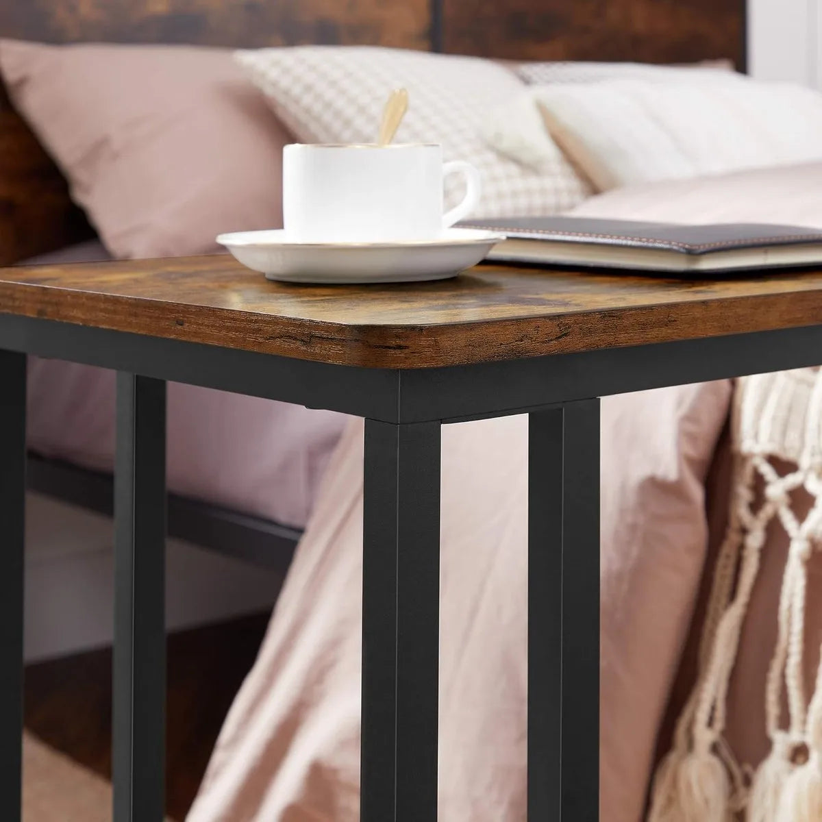 FurnStar - Bijzettafel - Banktafel met Wieltjes - C-Vorm - Mobiele Koffietafel - 35 x 50 x 60 cm - Woonkamertafel met Metalen Frame - Voor Koffie en Laptop - Industrieel Design - Vintage