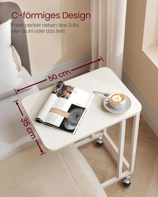 FurnStar - Bijzettafel - Banktafel met Wieltjes - C-Vorm - Mobiele Koffietafel - 35 x 50 x 60 cm - Woonkamertafel met Metalen Frame - Voor Koffie en Laptop - Industrieel Design - Crème-Wit