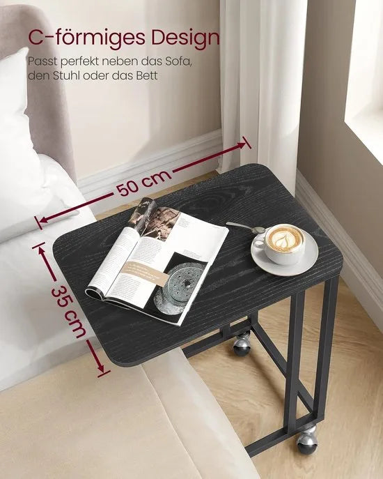 FurnStar - Bijzettafel - Banktafel met Wieltjes - C-Vorm - Mobiele Koffietafel - 35 x 50 x 60 cm - Woonkamertafel met Metalen Frame - Voor Koffie en Laptop - Modern - Ebbenzwart